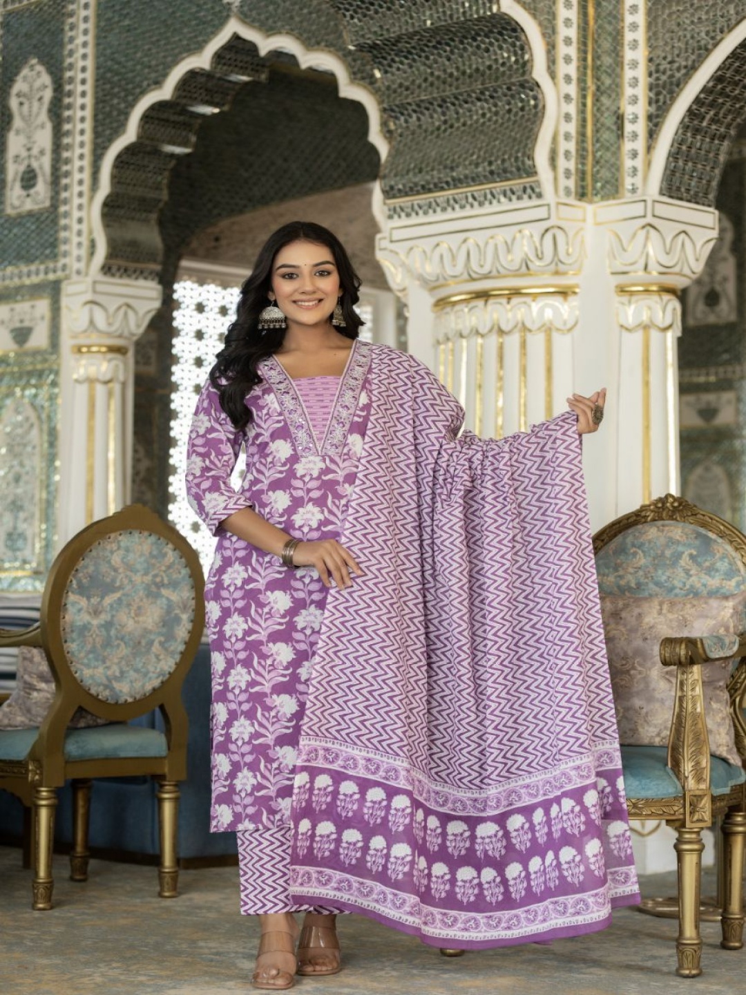 

AARDRAA Floral Printed Mirror Work Pure Cotton Straight Kurta With Trousers & Dupatta, Purple