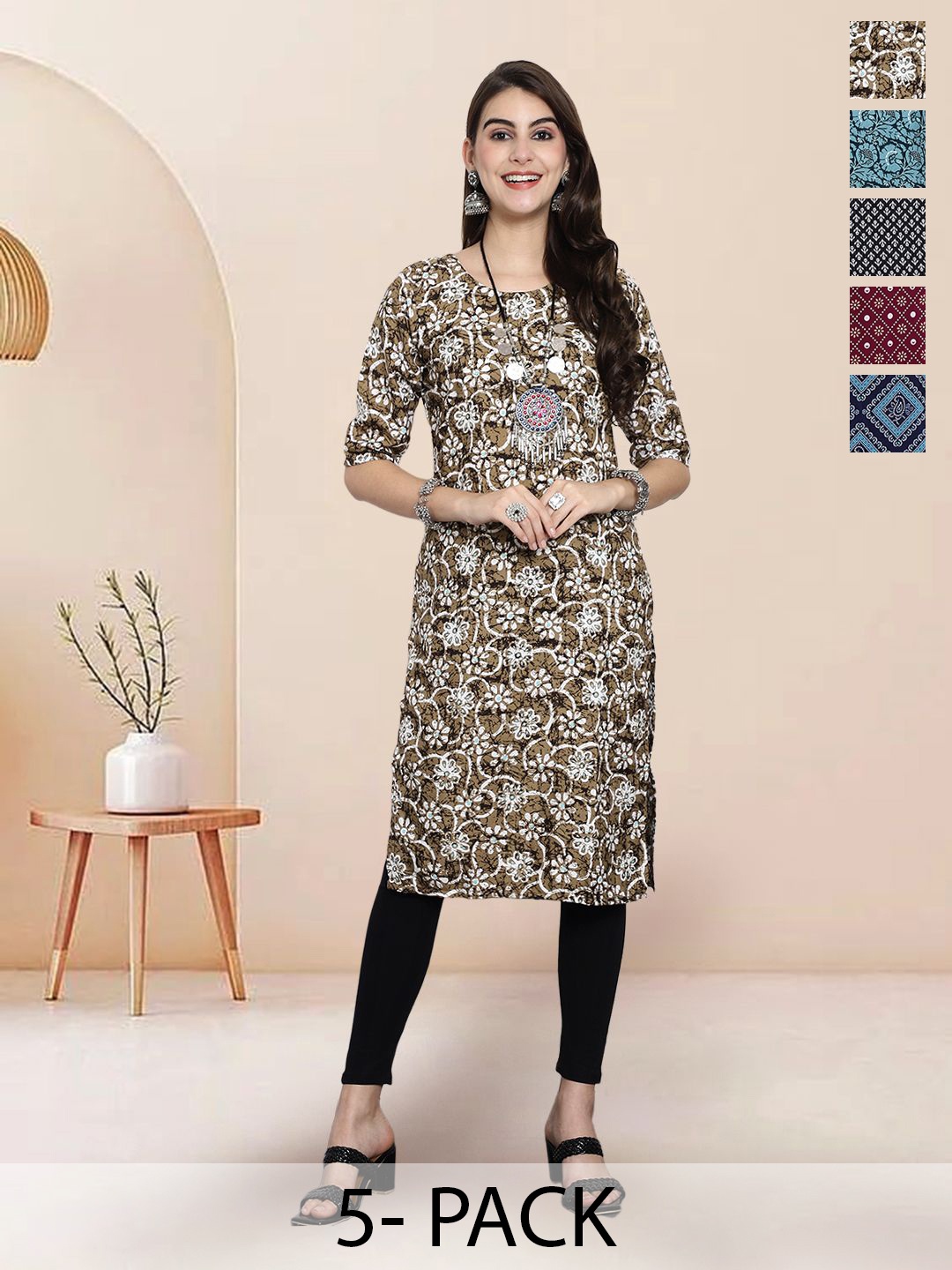 

7Threads Selection Of 5 Floral Printed Round Neck Straight Kurtas, Brown