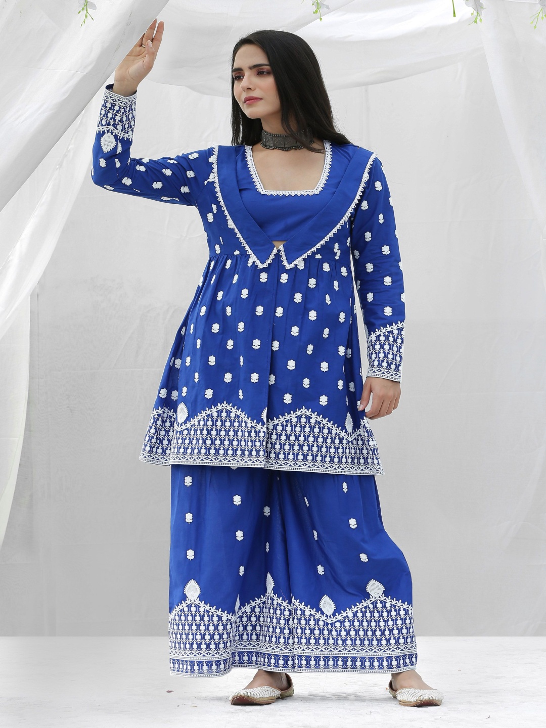 

SEW Embroidered Pure Cotton Top With Palazzo & Shrug, Blue