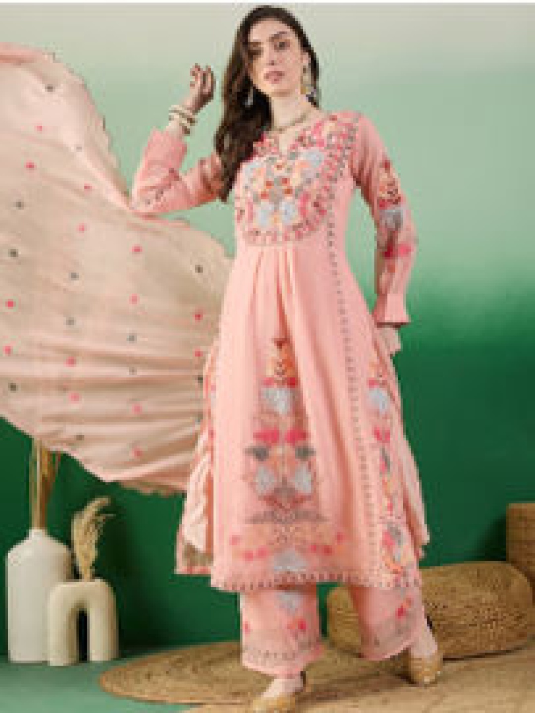 

Fashionuma Ethnic Motifs Embroidered Mirror Work Anarkali Kurta with Palazzos & Dupatta, Peach