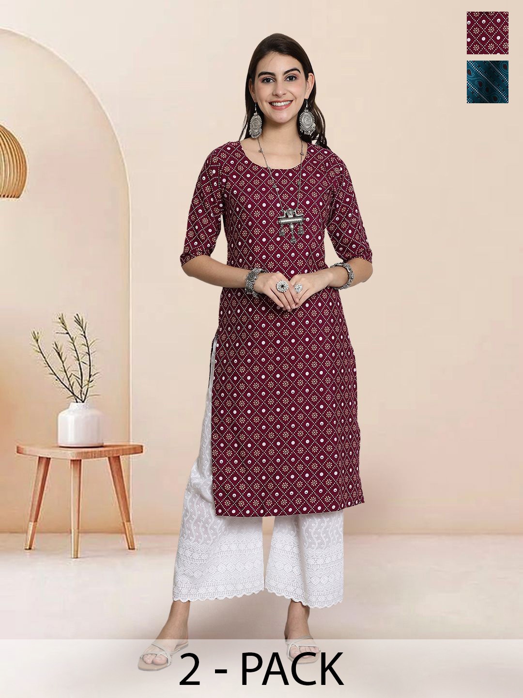 

7Threads Selection Of 2 Ethnic Motifs Printed Round Neck Straight Kurtas, Maroon