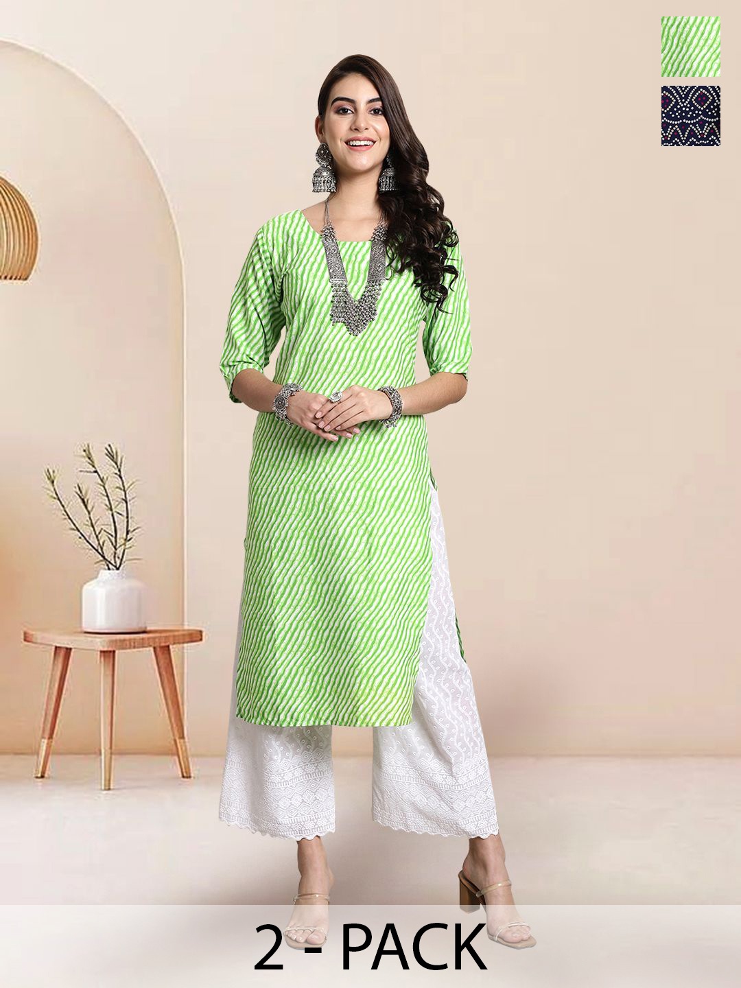 

7Threads Selection Of 2 Leheriya Printed Round Neck Kurtas, Green