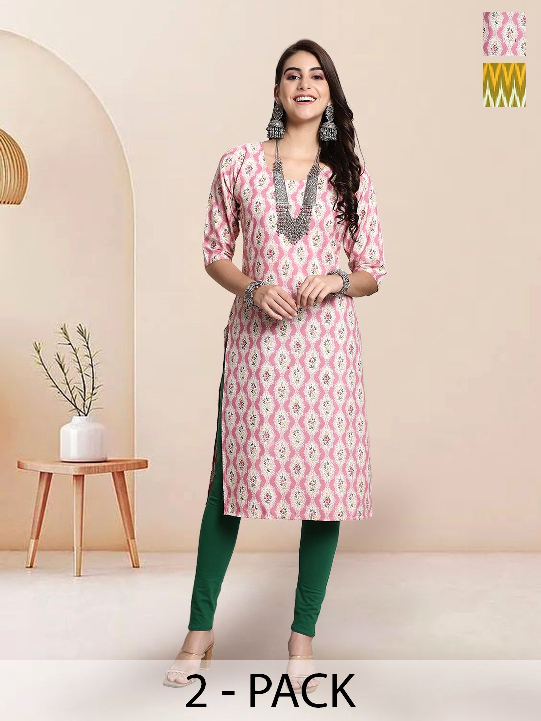 

7Threads Selection Of 2 Floral Printed Straight Kurtas, Pink