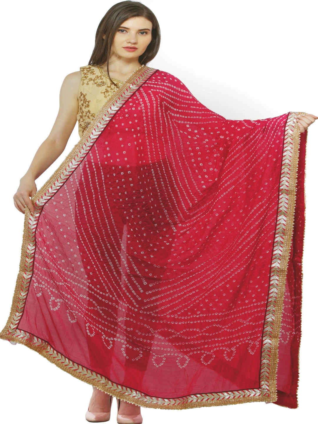 

Exotic India American Beauty Tie-dye Print and Gota Border Silk Jodhpuri Dupatta, Pink