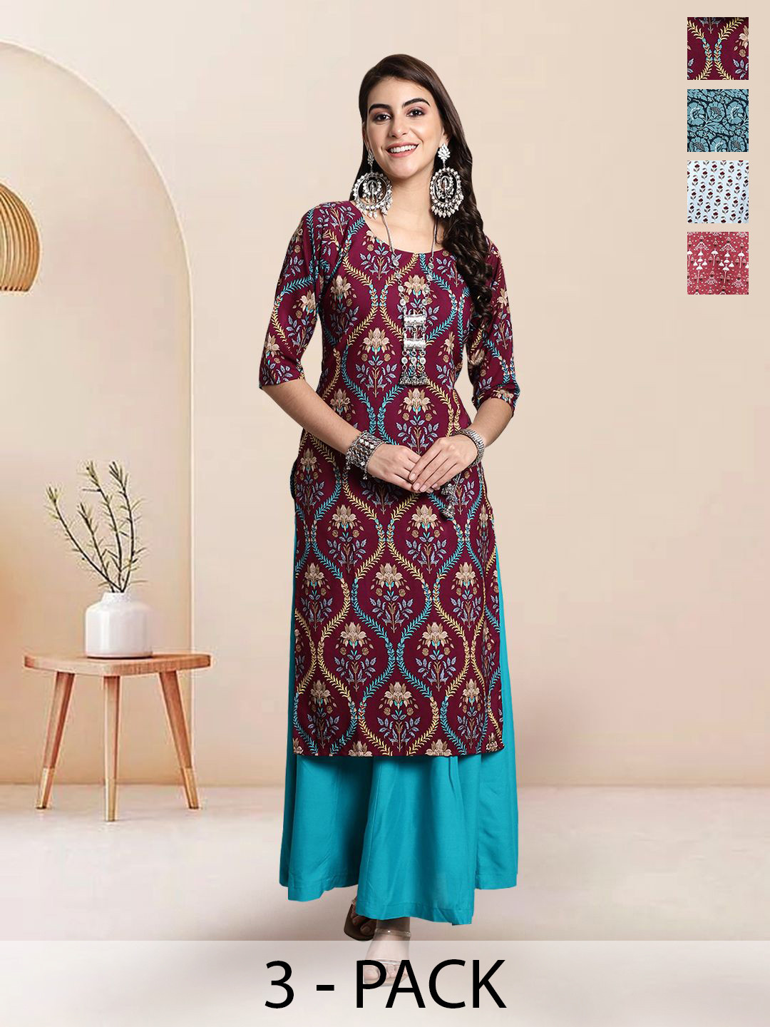 

7Threads Selection Of 4 Ethnic Motifs Printed Round Neck Straight Kurta, Maroon