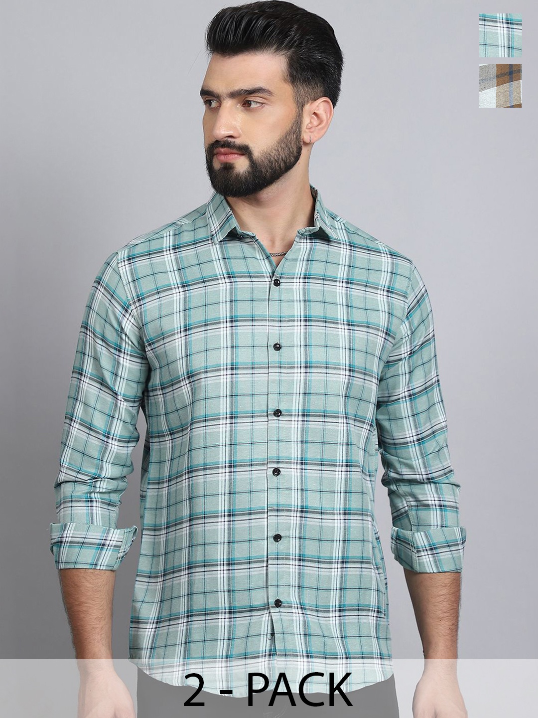 

Tanip Men Pack Of 2 Spread Collar Tartan Checked Cotton Casual Shirts, Green