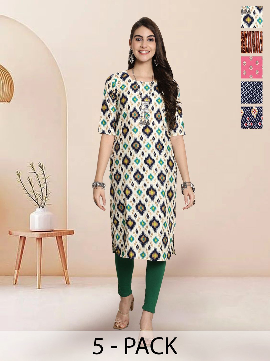 

7ThreadsSelection Of 5 Ethnic Motifs Printed Round Neck Straight Kurtas, Cream