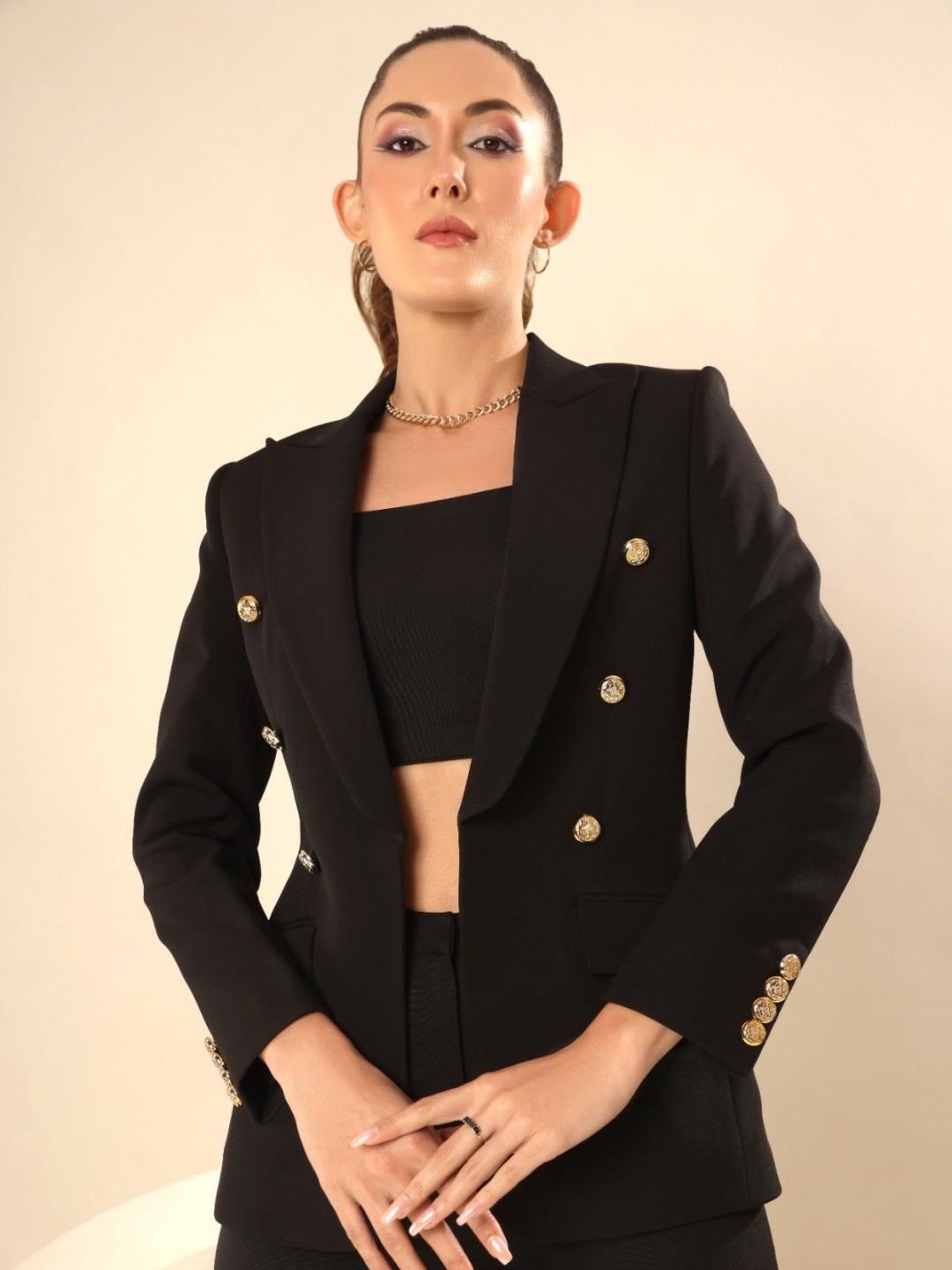 

VOLCAPE Peaked Lapel Collar Front Open Formal Blazer, Black