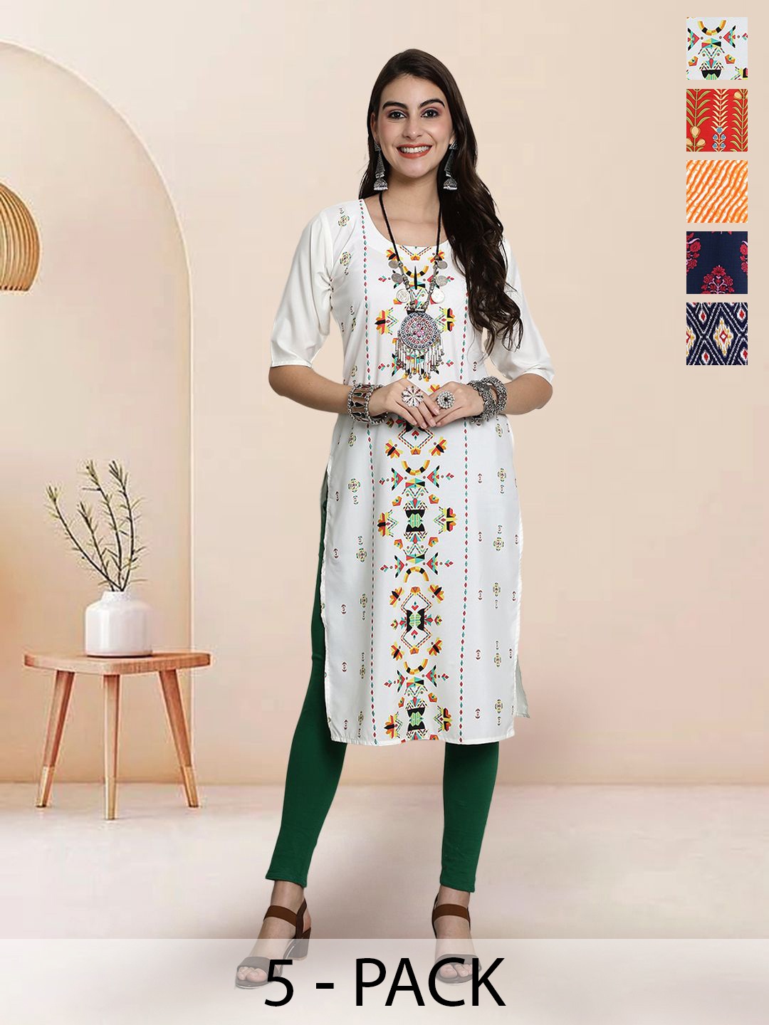 

7Threads Selection of 5 Ethnic Motifs Printed Round Neck Straight Kurtas, White