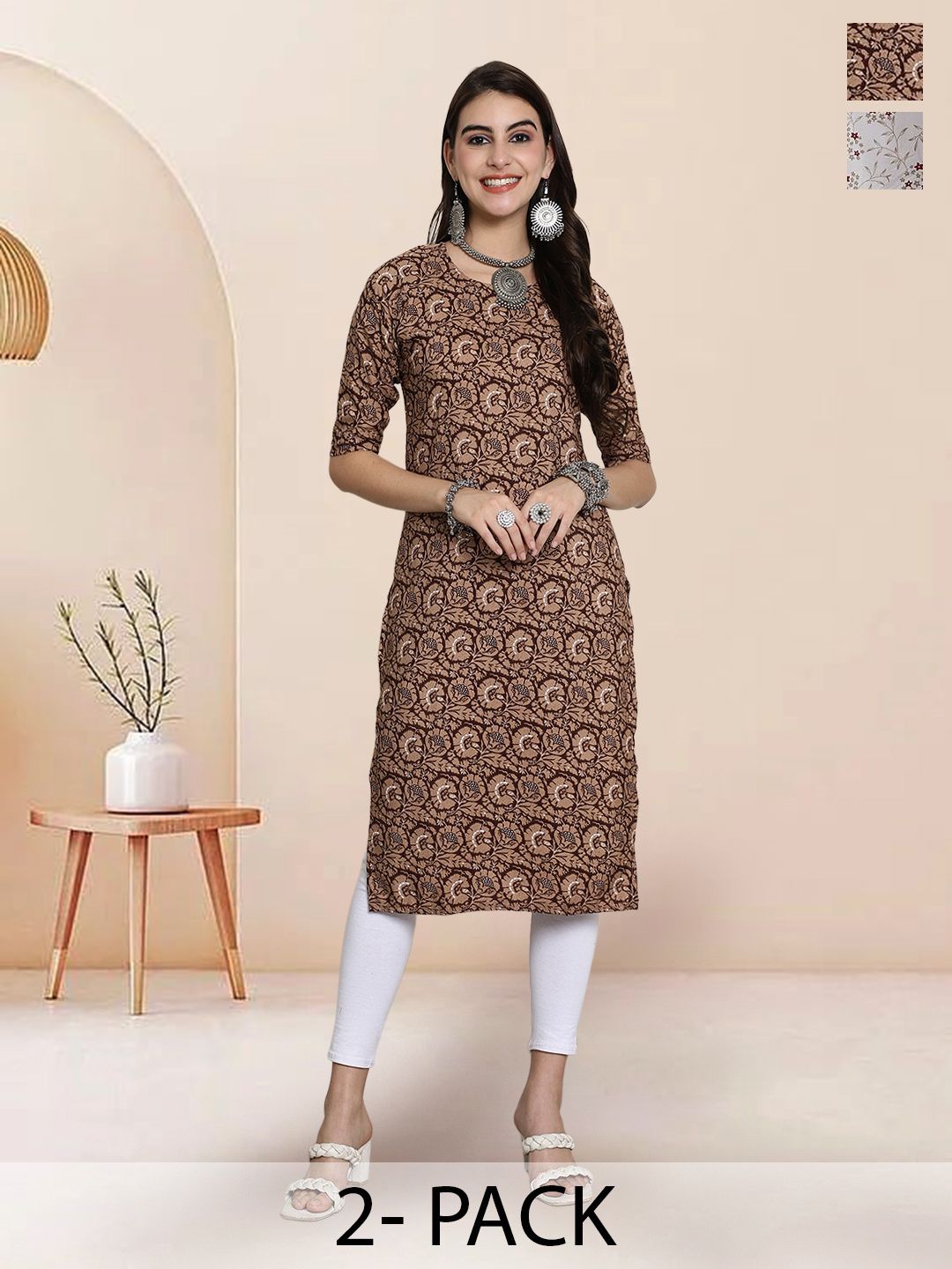 

7Threads Selection Of 2 Floral Printed Round Neck Straight Kurtas, Brown