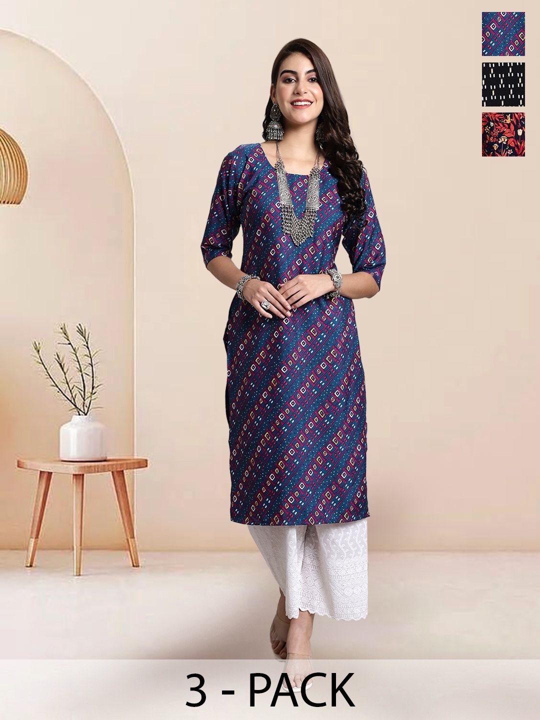 

7Threads Selection Of 3 Geometric Printed Round Neck Kurtas, Blue