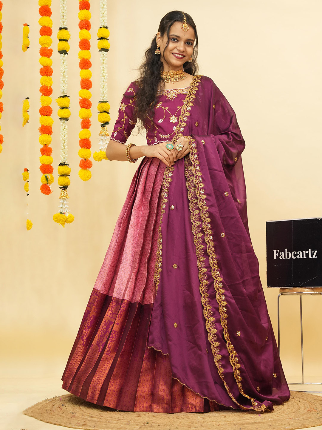 

Fabcartz Embroidered Zari Semi-Stitched Lehenga & Unstitched Blouse With Dupatta, Pink