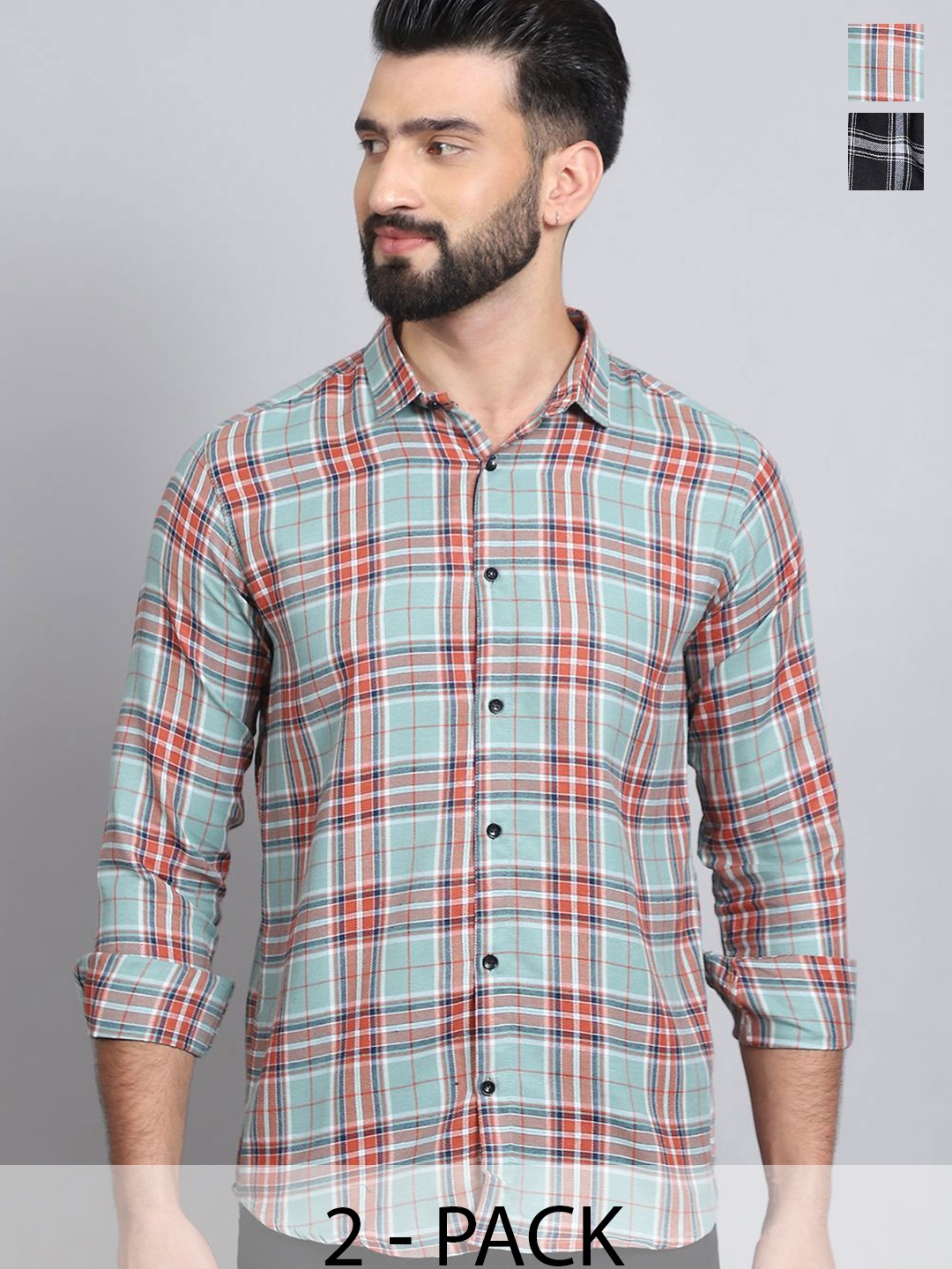

Tanip Men Pack Of 2 Spread Collar Tartan Checked Cotton Casual Shirts, Green