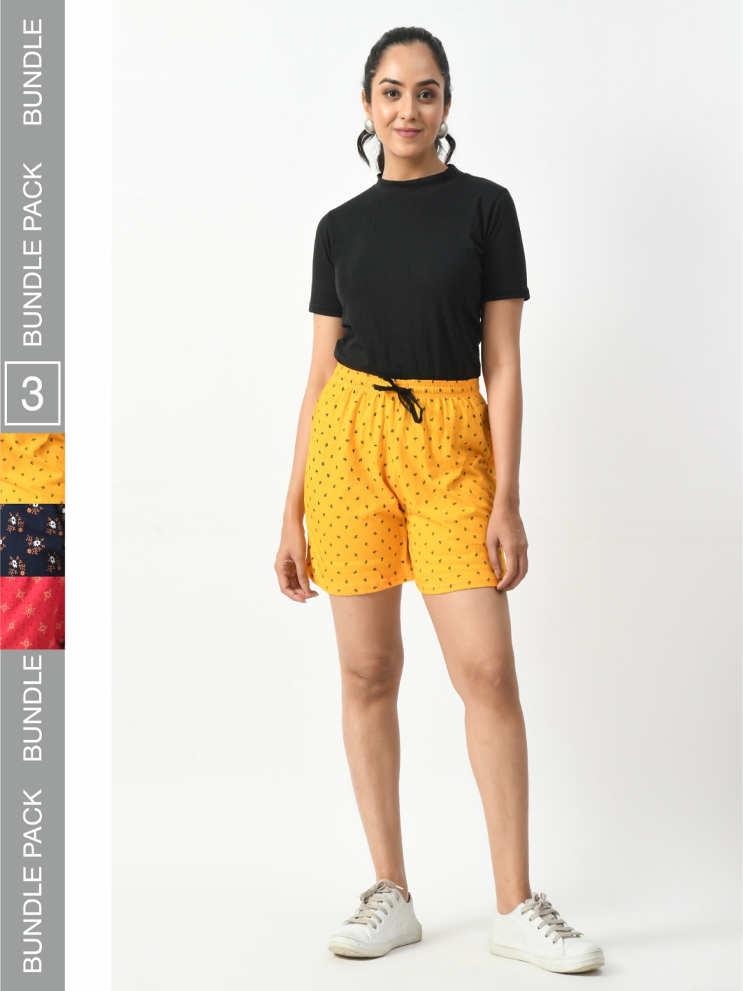 

BAESD Women Pack of 3 Printed High Rise Pure Cotton Shorts, Yellow