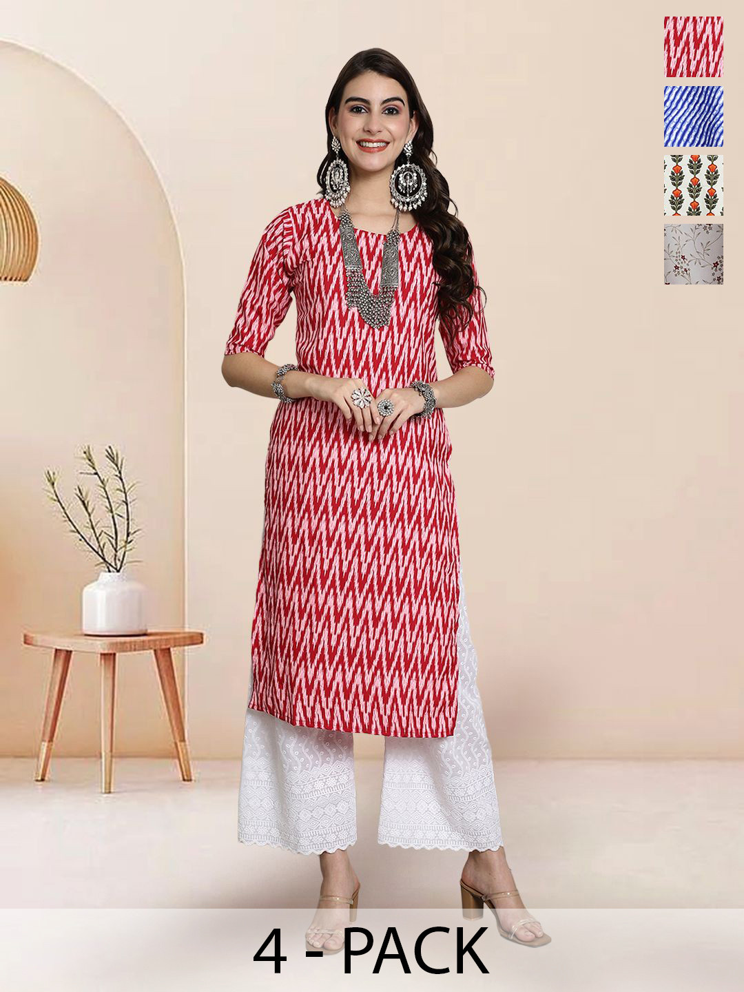 

7Threads Selection Of 5 Chevron Printed Round Neck Straight Kurtas, Red