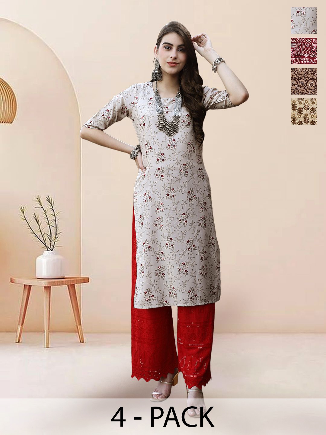 

7Threads Selection of 5 Floral Printed Round Neck Straight Kurtas, Cream