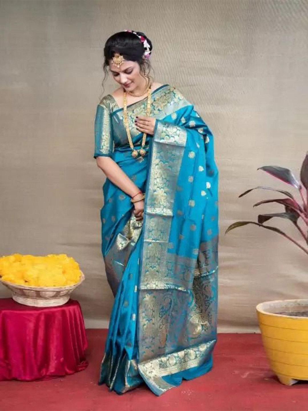 

KALINI Woven Design Zari Pure Silk Kanjeevaram Saree, Blue