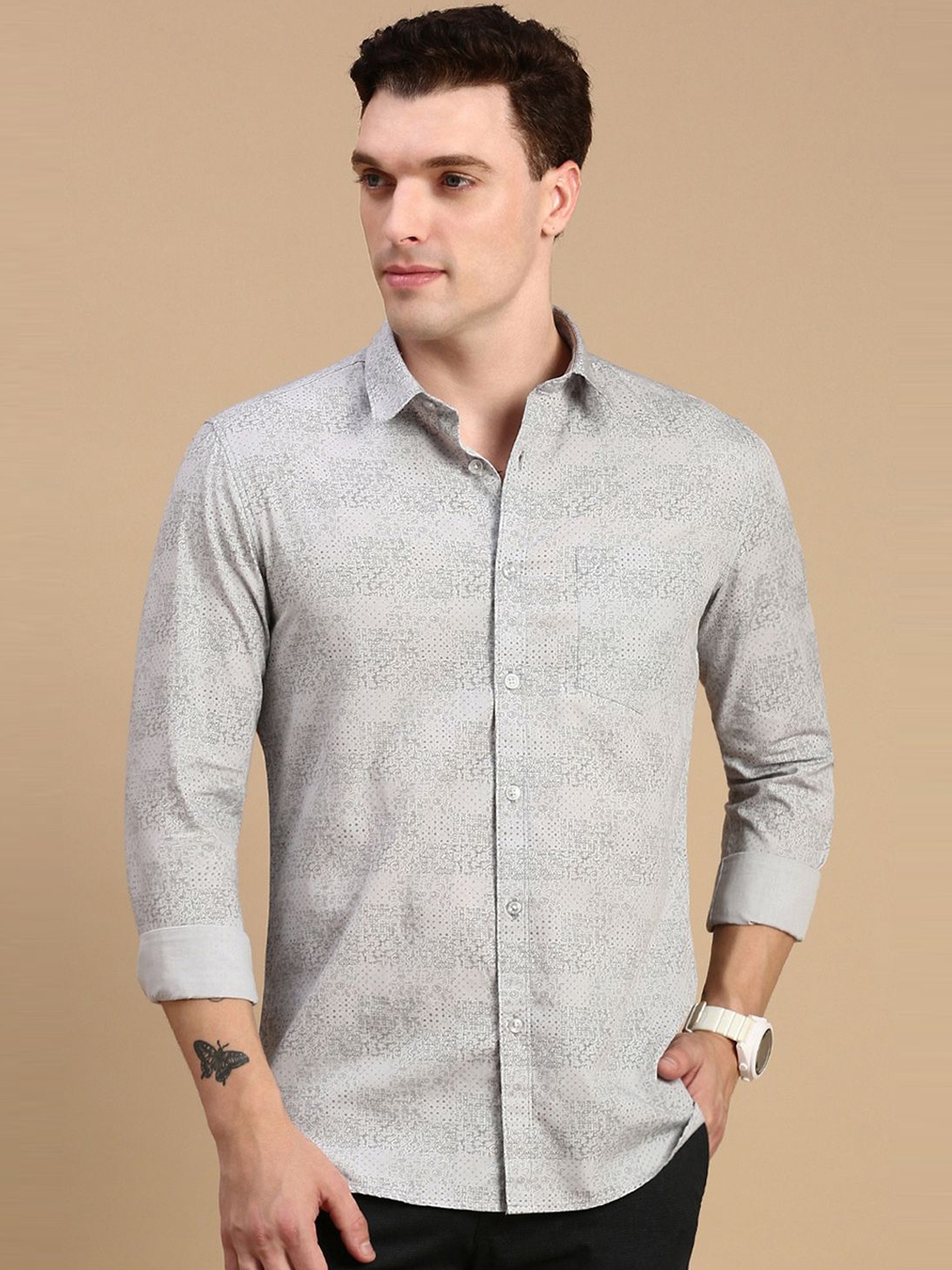 

Classic Polo Men India Slim Fit Spread Collar Geometric Printed Cotton Casual Shirt, Grey