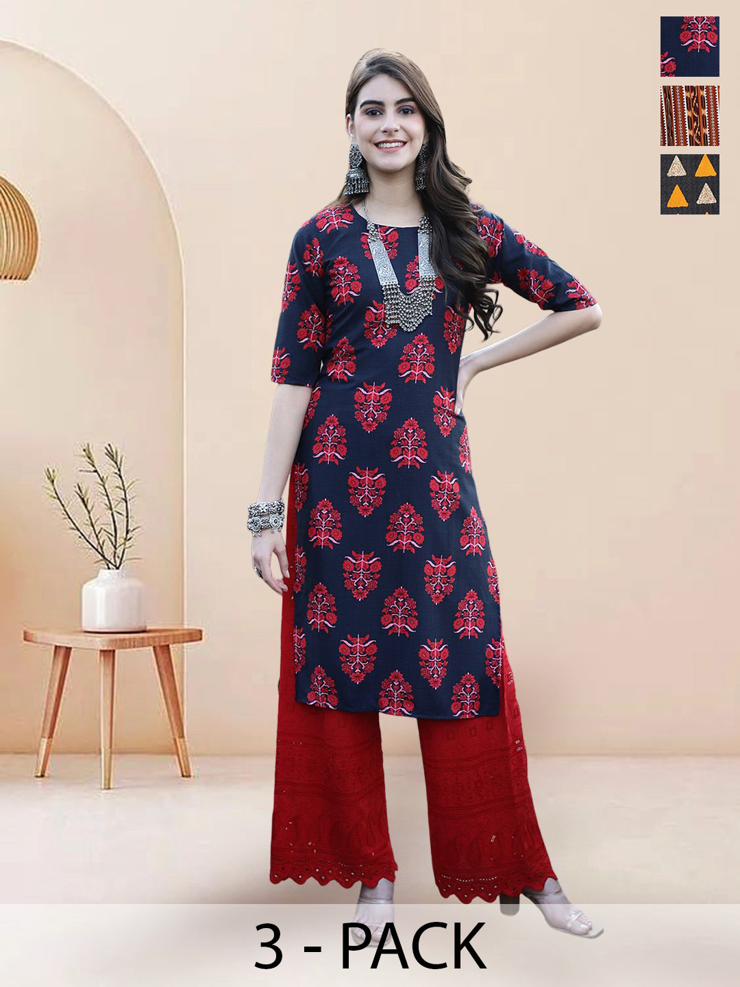 

7Threads Selection Of 3 Floral Printed Round Neck Straight Kurtas, Navy blue