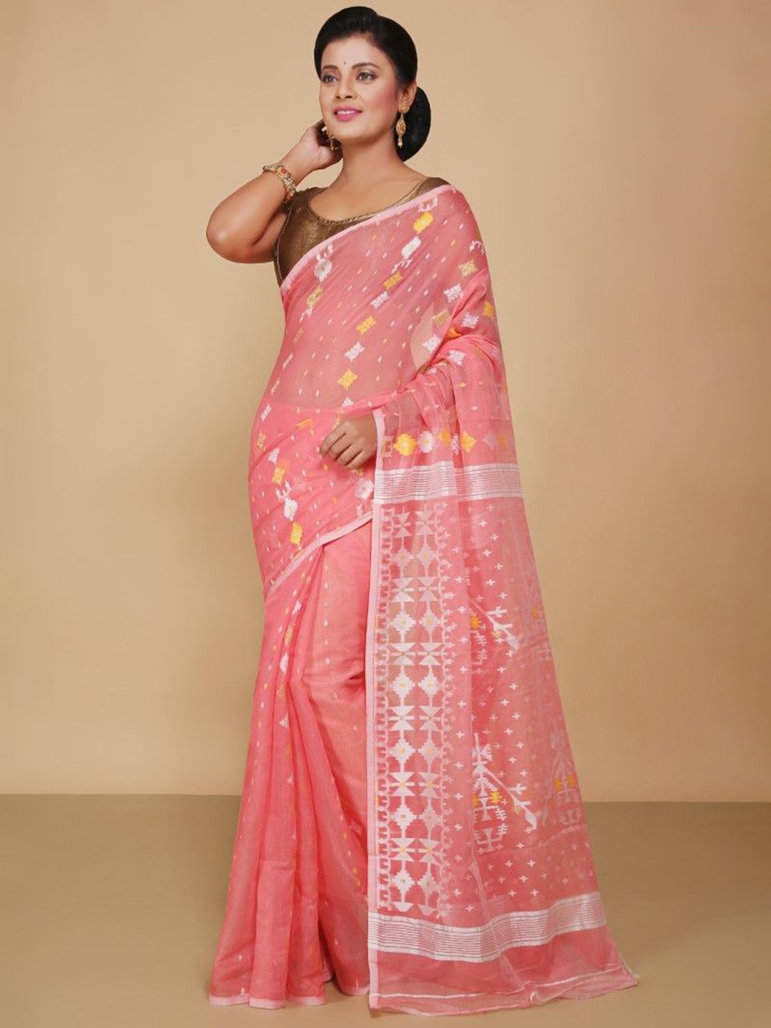 

BENGAL HANDLOOM Woven Design Art Silk Jamdani Saree, Pink