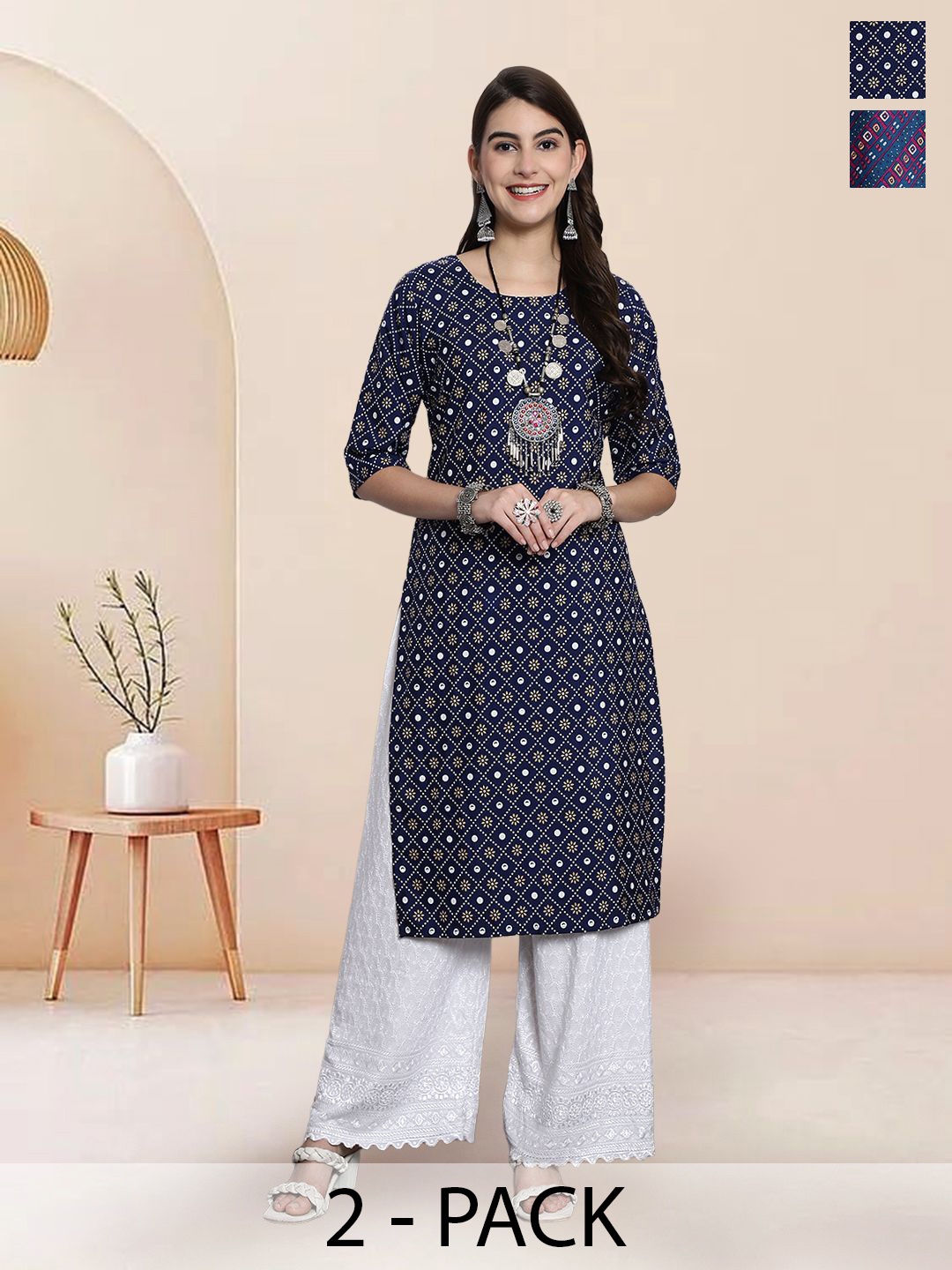 

7Threads Selection Of 2 Floral Printed Round Neck Kurtas, Blue