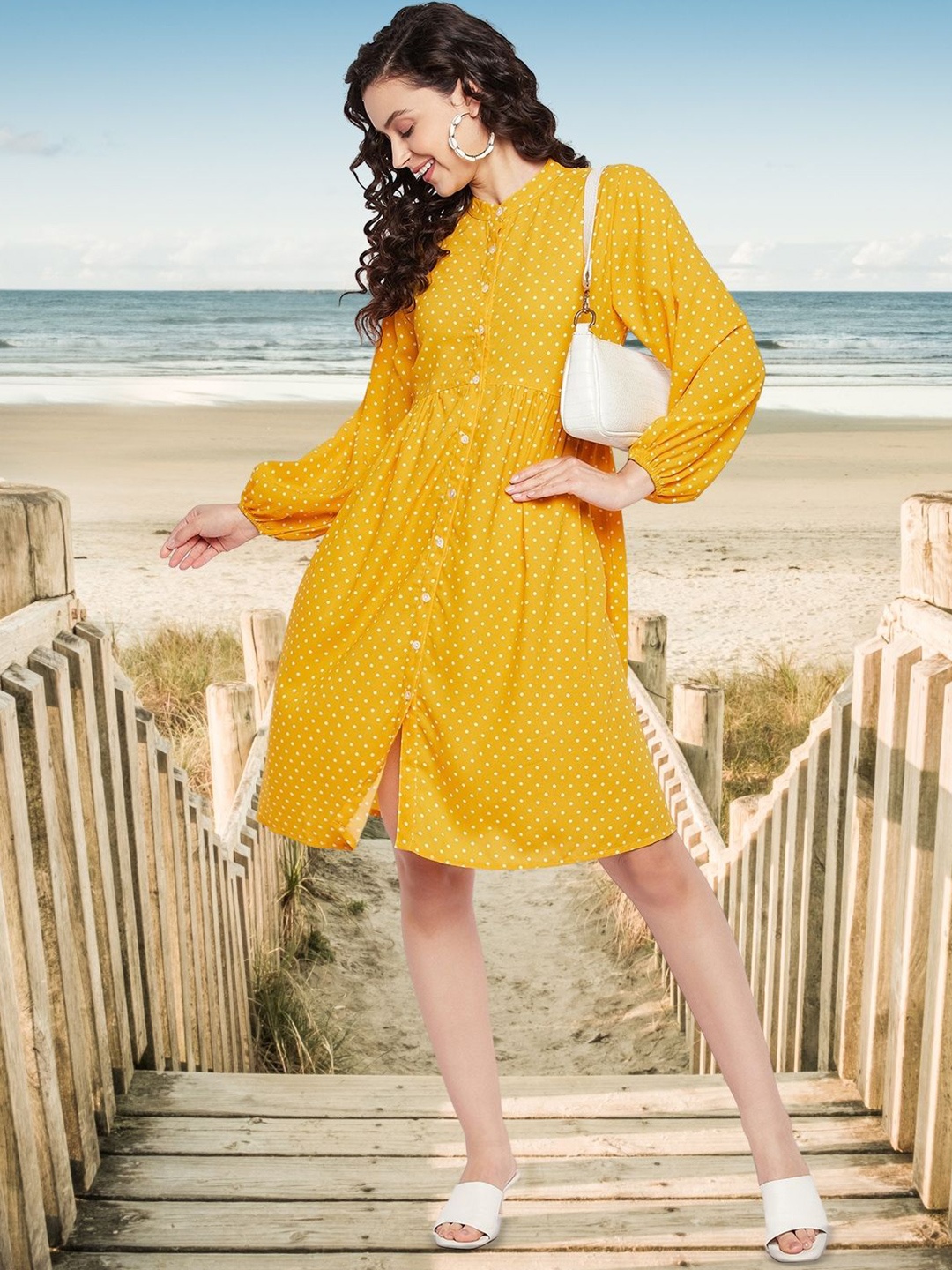 

DressBerry Polka Dot Print Puff Sleeve Crepe A-Line Dress, Yellow