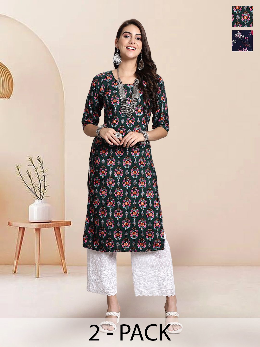

7Threads Selection Of 2 Floral Printed Round Neck Straight Kurtas, Green