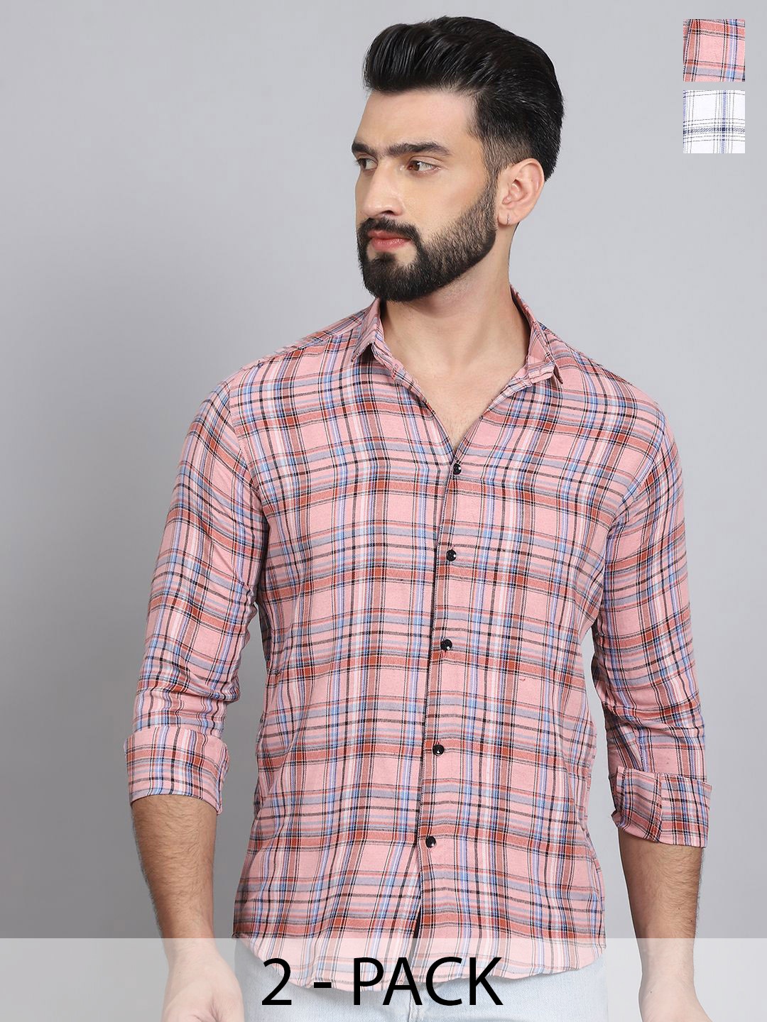 

Tanip Men Pack Of 2 Spread Collar Tartan Checked Cotton Casual Shirts, Pink