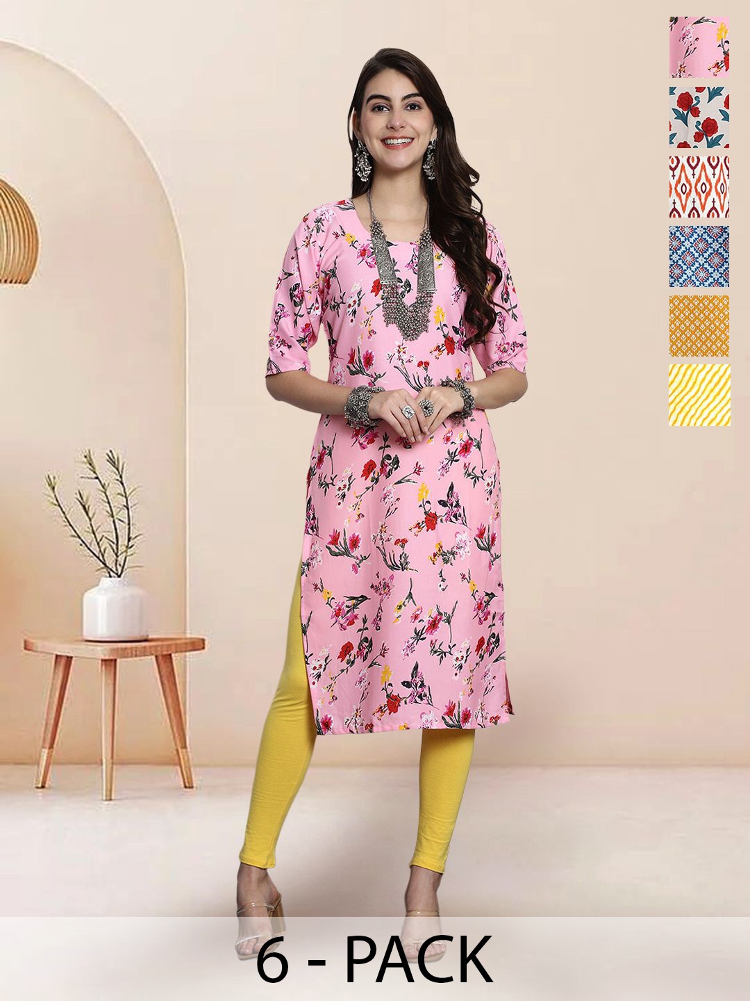 

7Threads Selection Of 6 Floral Printed Round Neck Kurtas, Pink
