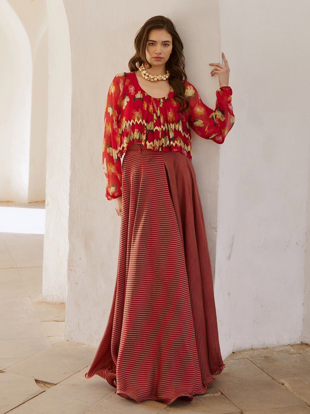 

Pallavi Jaipur Gulbahar Chilly Printed Boho Top And Skirt With Belt, Red