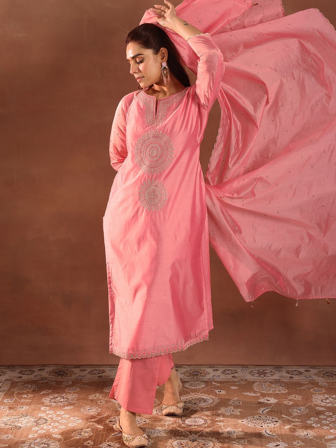 

Libas Ethnic Motifs Embroidered Chanderi Silk Straight Kurta with Trousers & Dupatta, Peach