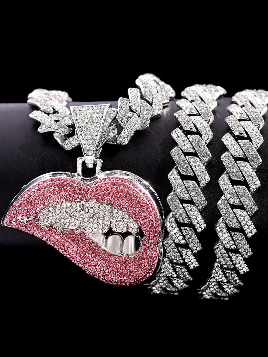 

FIMBUL Men Silver-Plated CZ-Studded Stainless Steel Hip Hop Bite Lip Shape Chain