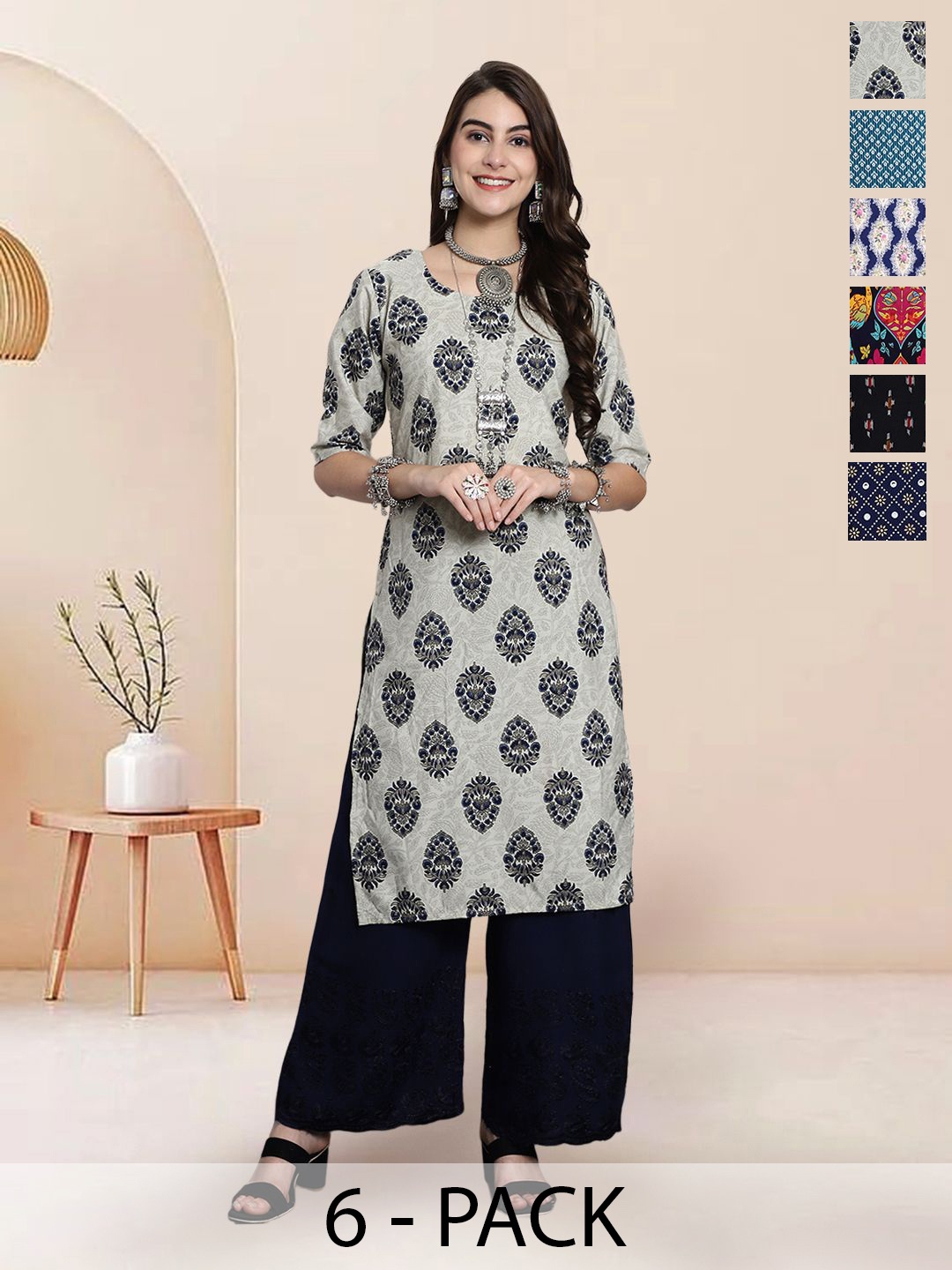 

7Threads Selection of 6 Floral Printed Round Neck Straight Kurtas, Beige