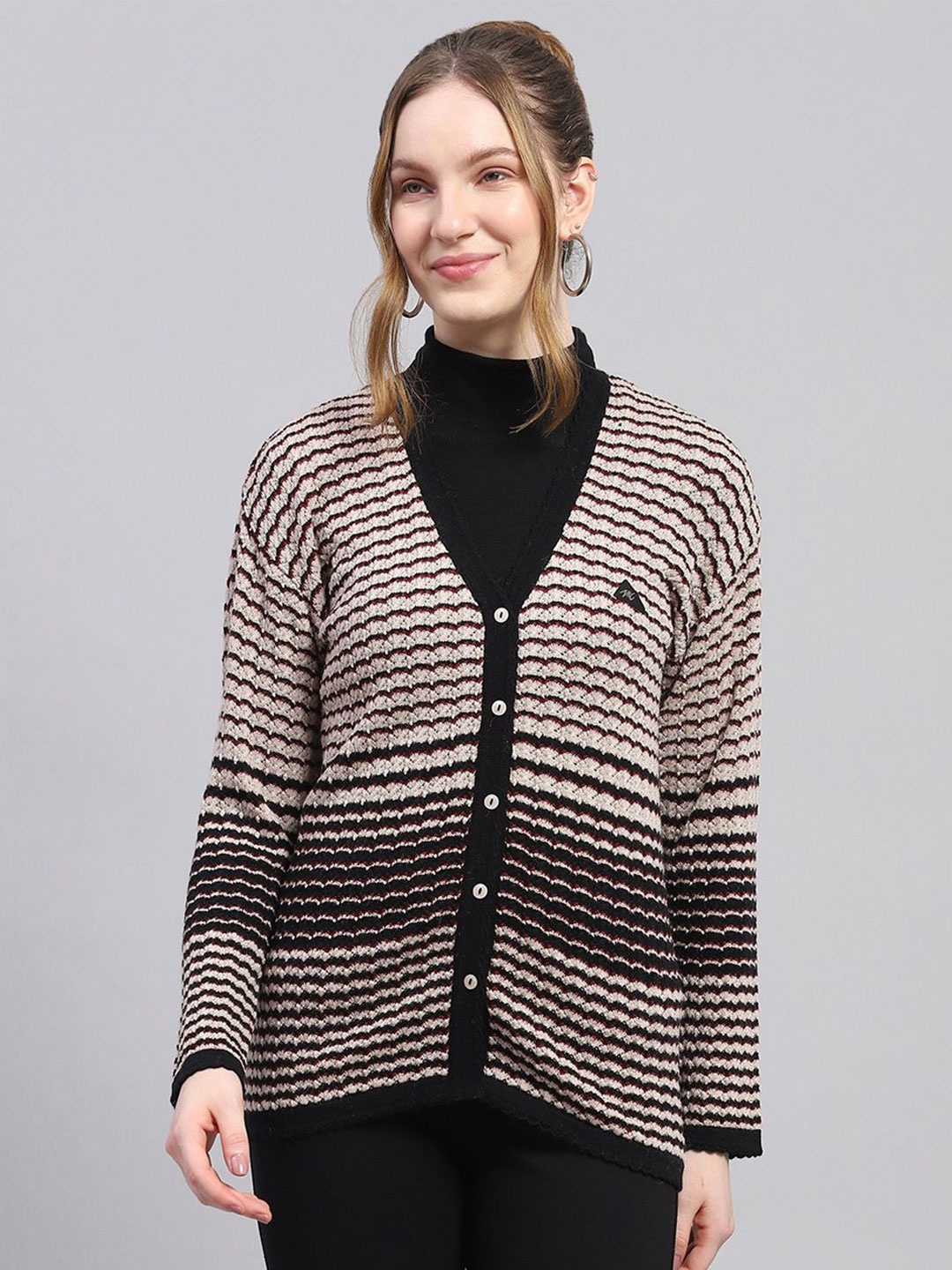 

Monte Carlo Women Striped Woollen Cardigan, Black