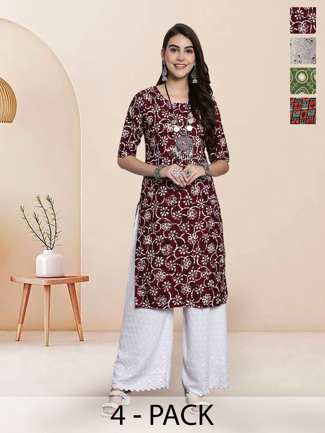 

7Threads Selection Of 4 Floral Printed Round Neck Straight Kurtas, Maroon