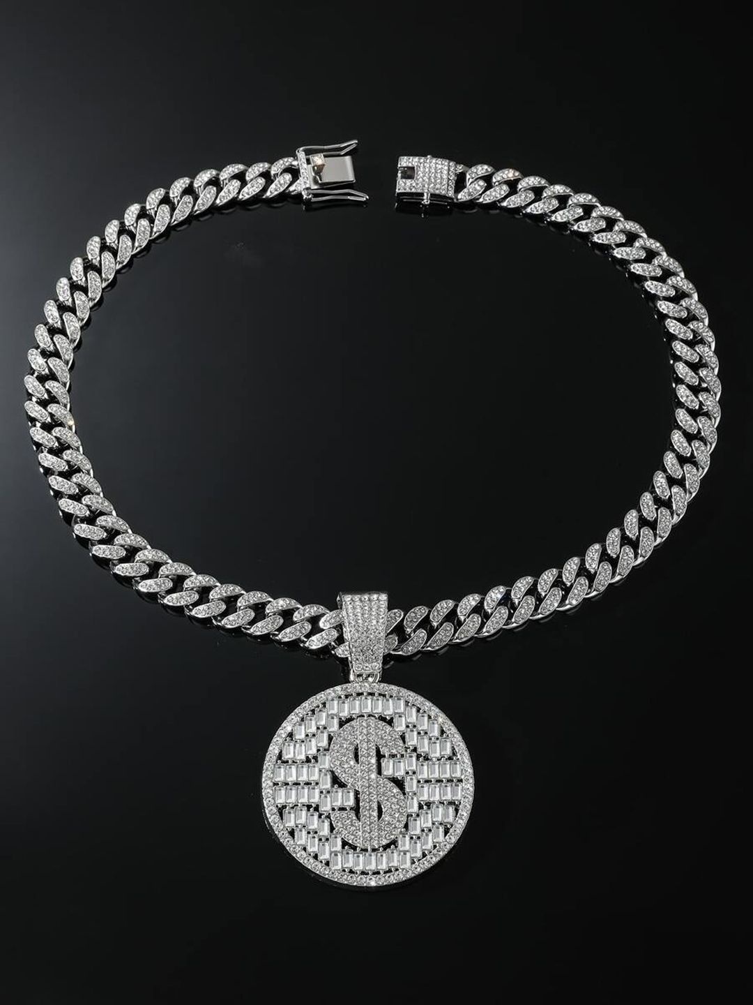 

VAGHBHATT Men Sterling Silver-Plated Cubic Zirconia-Studded Bling Dollar Pendant & Chain