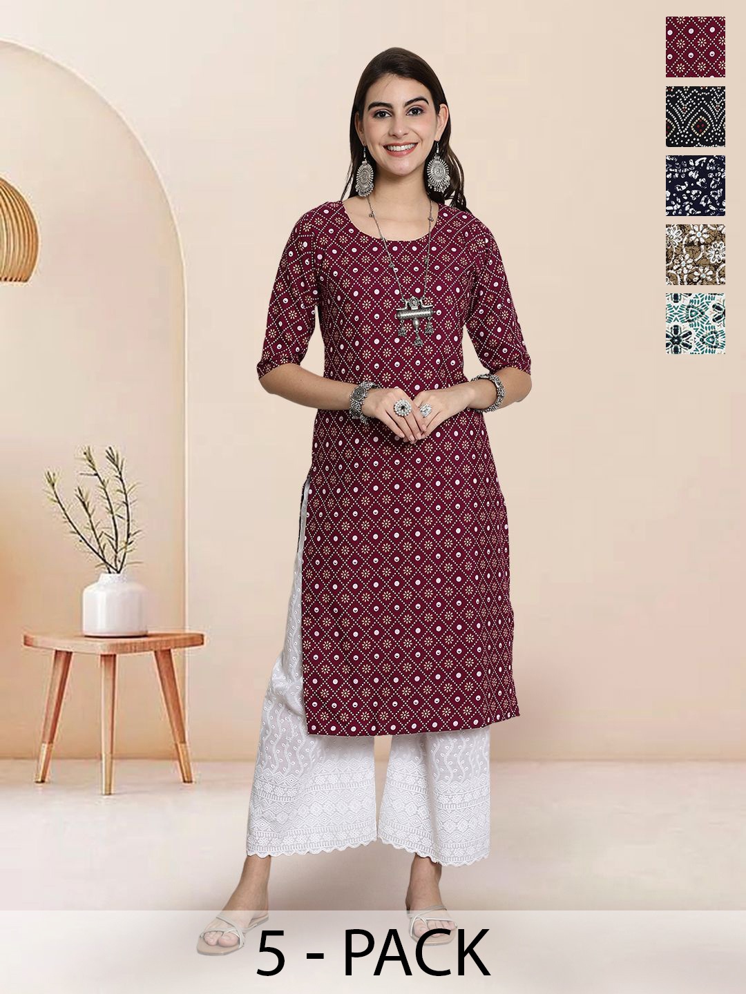 

7Threads Selection of 5 Ethnic Motifs Printed Straight Kurtas, Maroon