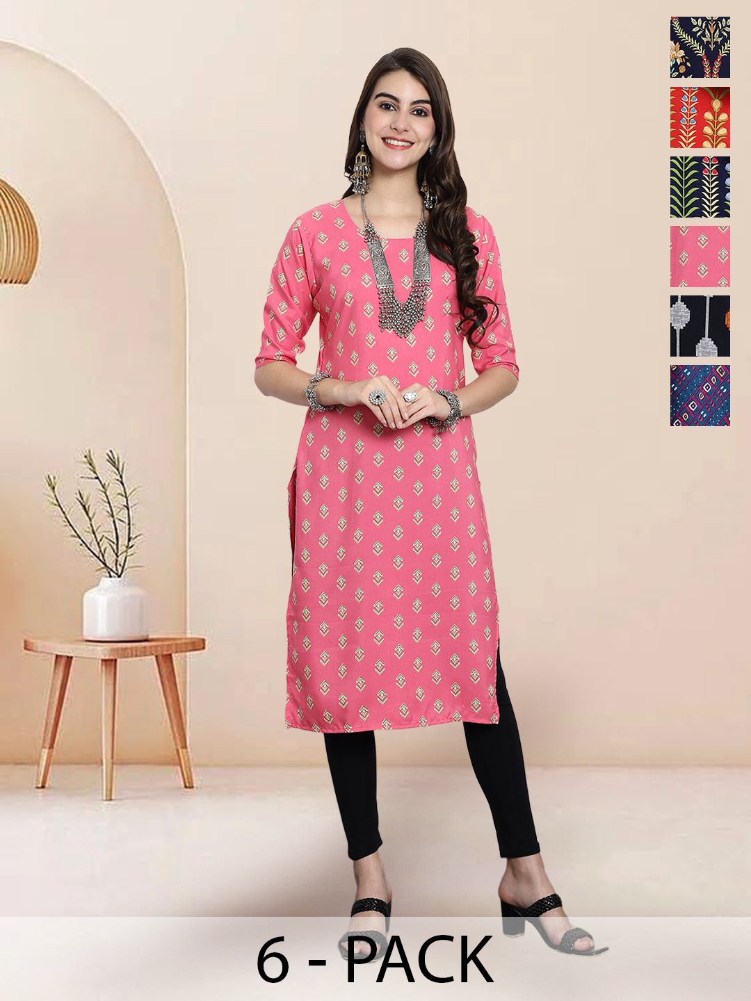 

7Threads Selection of 6 Floral Printed Round Neck Straight Kurtas, Pink