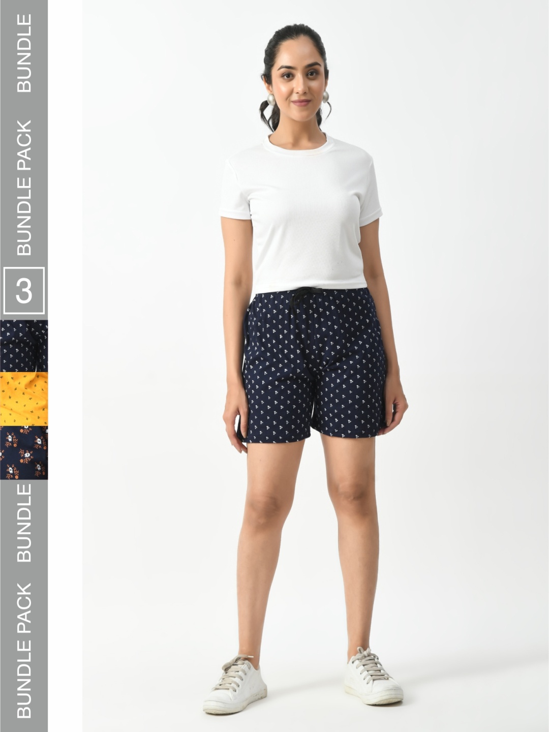 

BAESD Women Pack of 3 Printed High Rise Pure Cotton Shorts, Navy blue