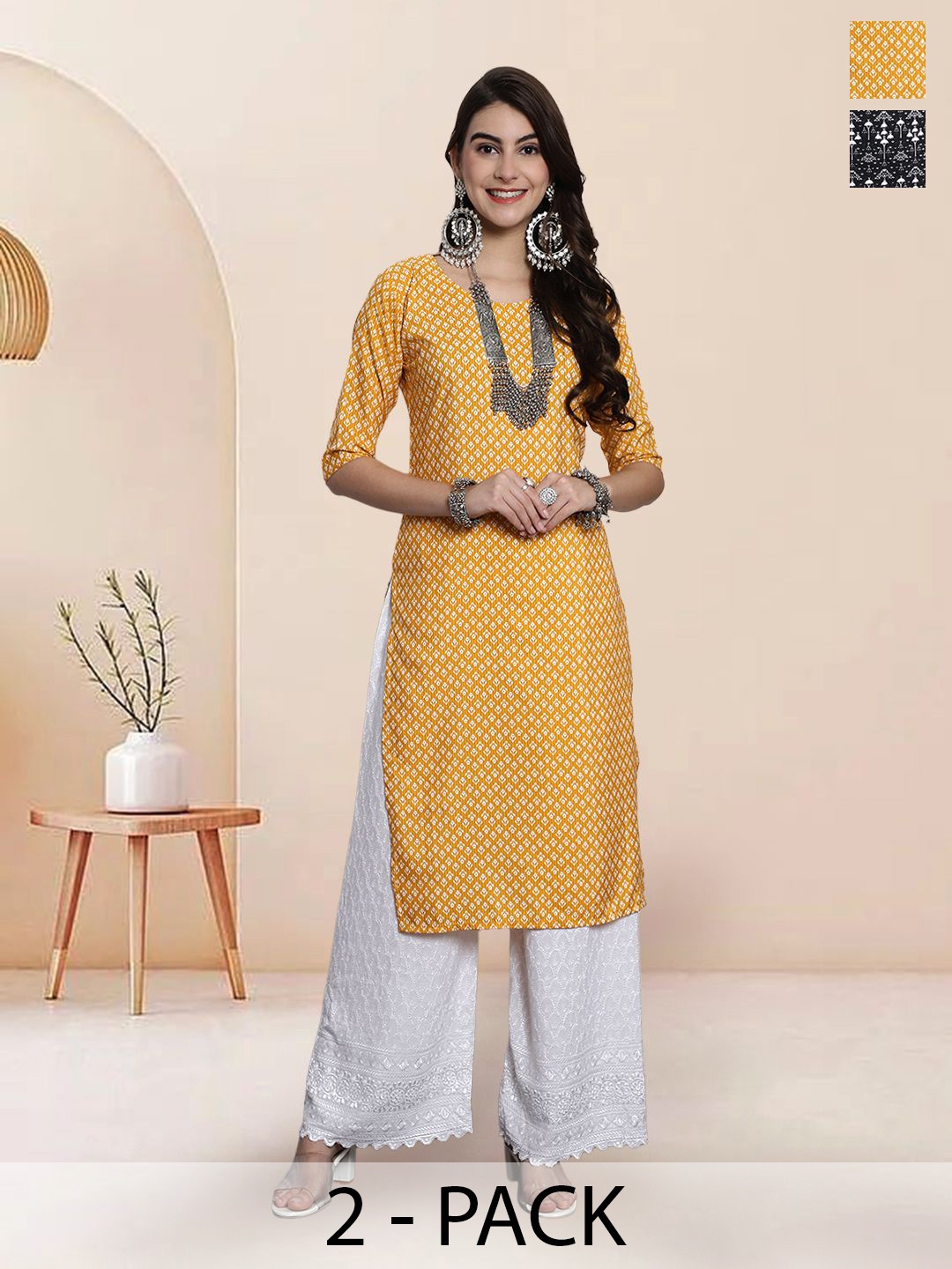 

7Threads Selection of 2 Ethnic Motifs Printed Round Neck Straight Kurtas, Yellow