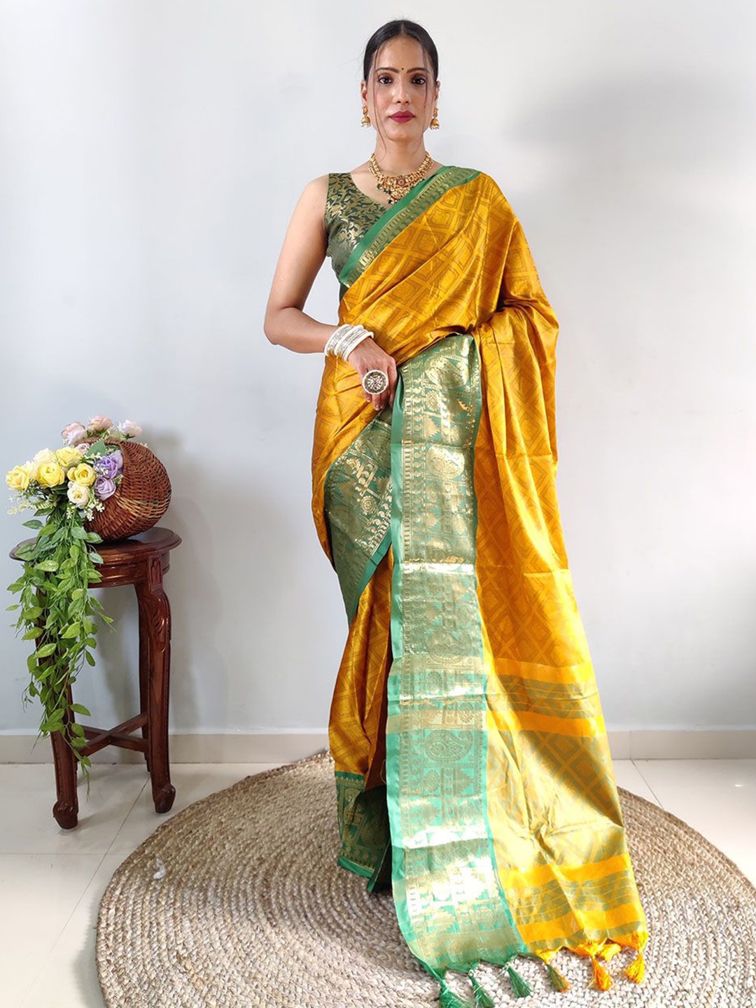 

A TO Z CART Woven Design Zari Silk Cotton Banarasi Saree, Yellow