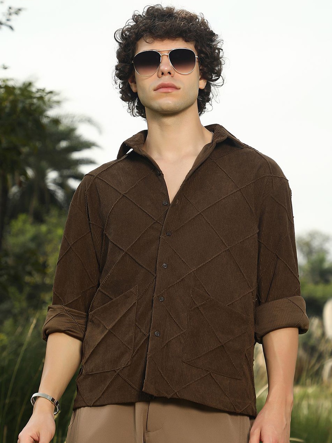 

Campus Sutra Men Comfort Oversized Fit Spread Collar Textured Casual Shirt, Brown