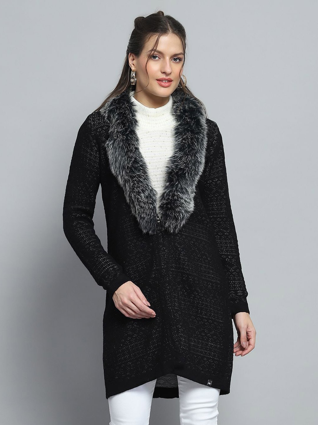 

Monte Carlo Women Woollen Longline Cardigan, Black