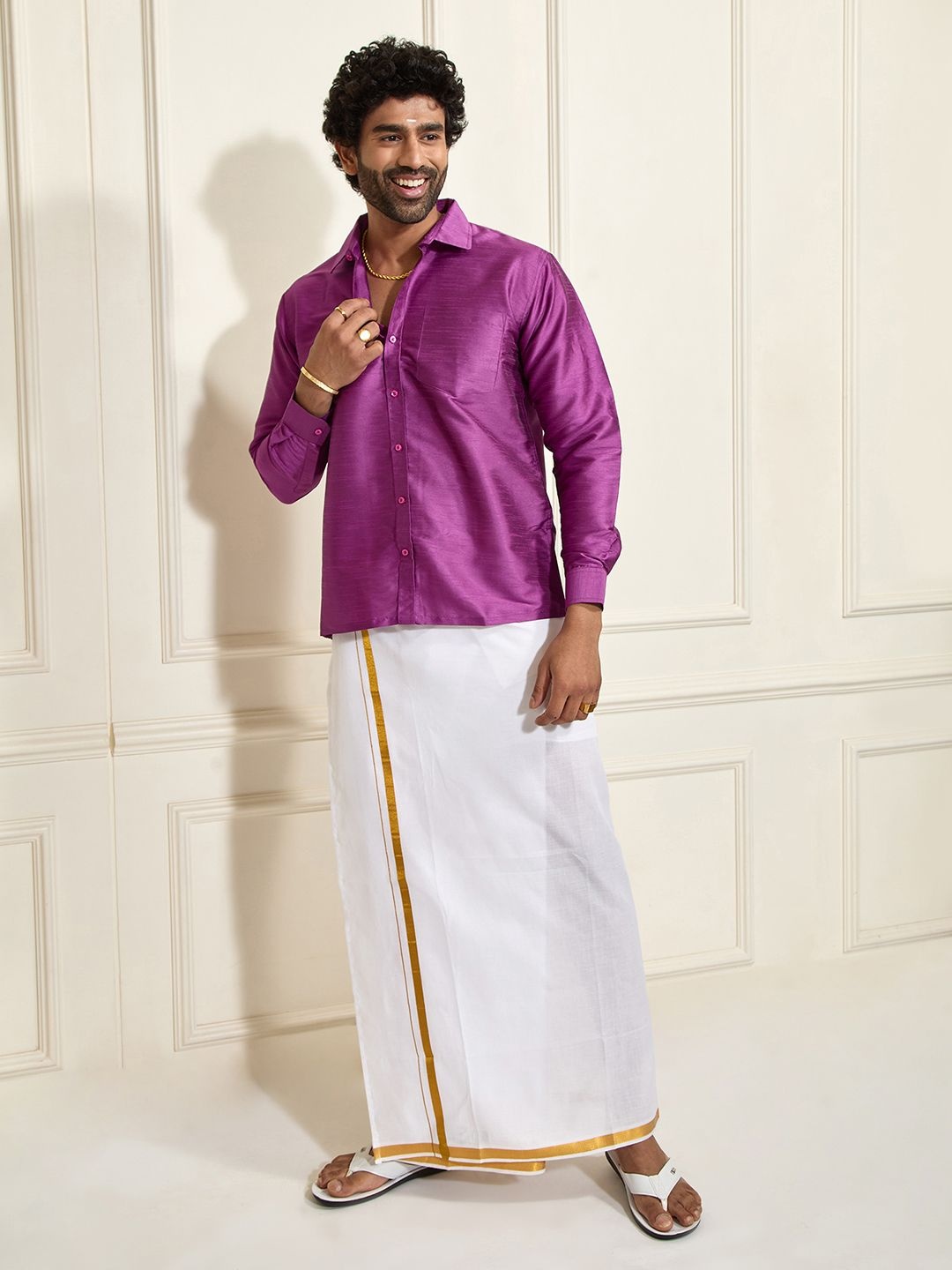 

VASTRAMAY Shirt Collar Long Roll-Up Sleeves Shirt With Veshti, Purple