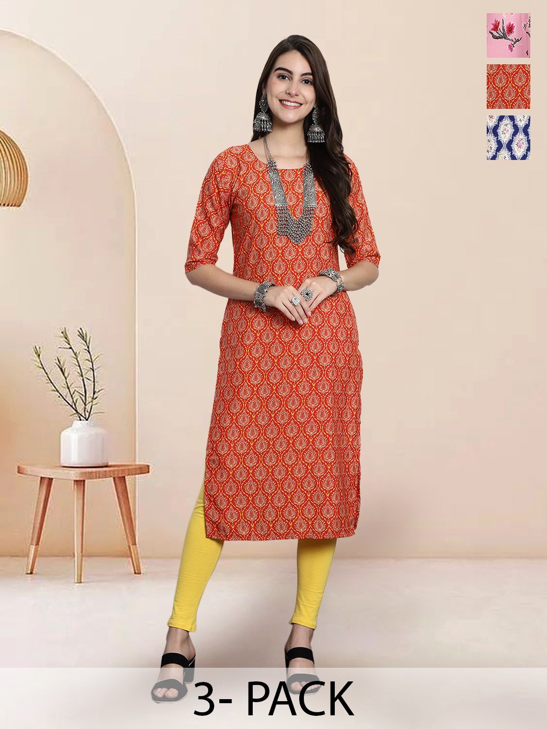 

7Threads Selection of 3 Ethnic Motifs Printed Round Neck Straight Kurtas, Red