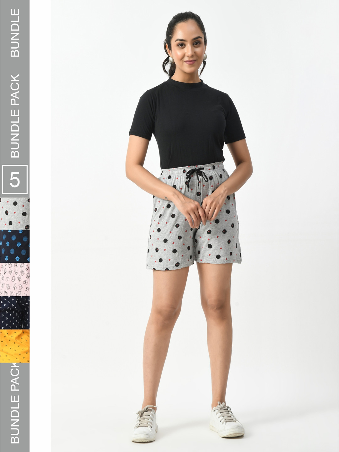 

BAESD Women Pack Of 5 Printed High-Rise Cotton Hotpant Shorts, Grey