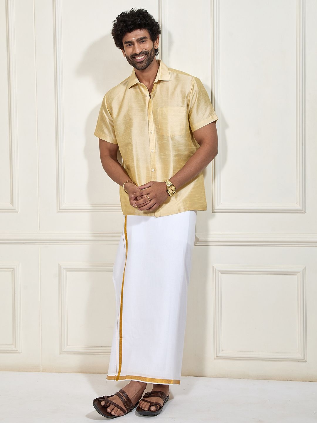 

VASTRAMAY Shirt Collar Shirt With Veshti, Gold