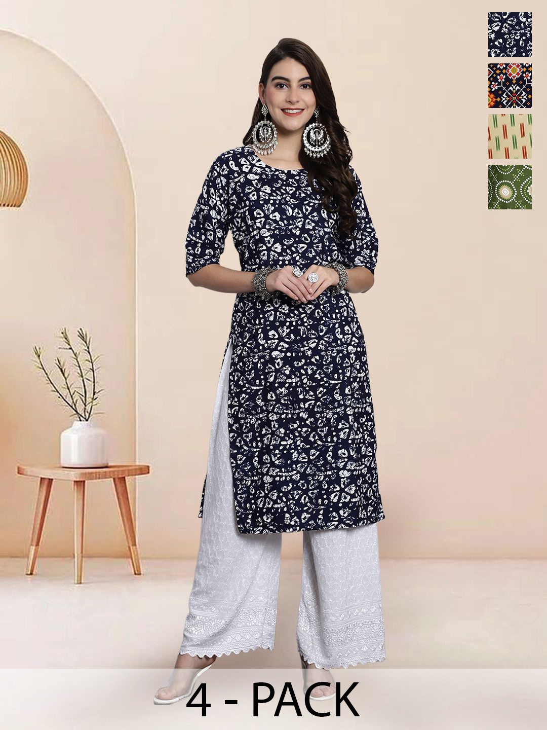 

7Threads Selection Of 4 Floral Printed Round Neck Straight Kurtas, Black