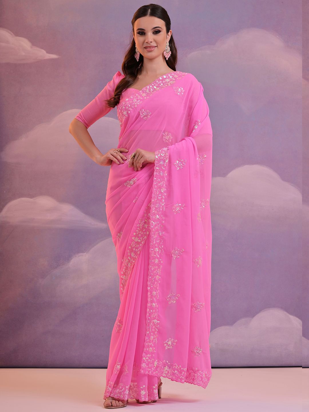 

KALINI Embellished Sequinned Poly Georgette Saree, Pink