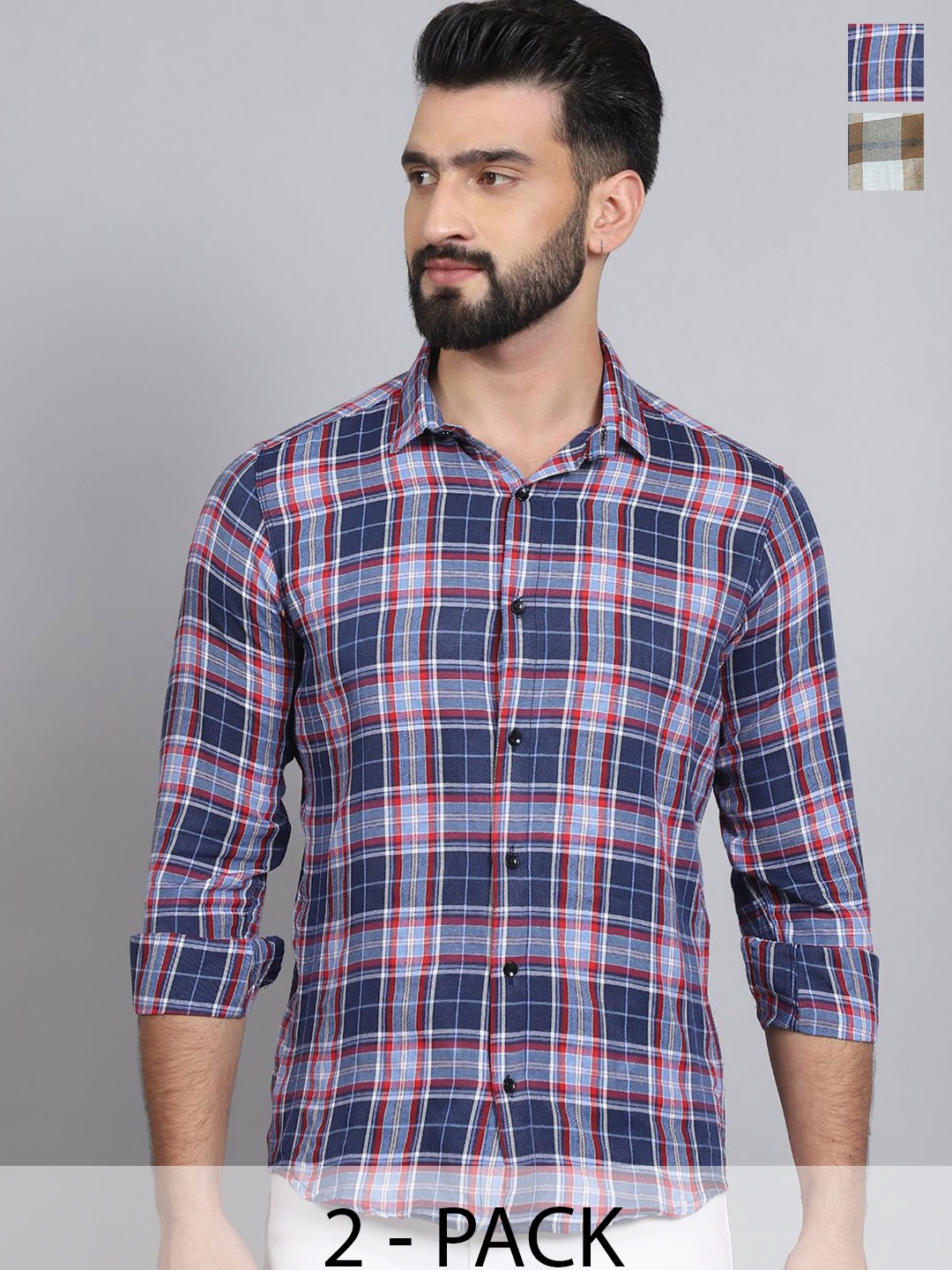 

Tanip Men Pack Of 2 Spread Collar Tartan Checked Cotton Casual Shirts, Navy blue